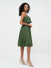 Shoulder Straps Round Skirt Short Chiffon Dresses Olive Green