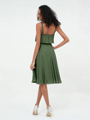 Shoulder Straps Round Skirt Short Chiffon Dresses Olive Green