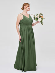 Double Strap Chiffon Bridesmaid Dresses Olive Green Plus Size
