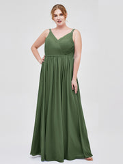 Double Strap Chiffon Bridesmaid Dresses Olive Green Plus Size