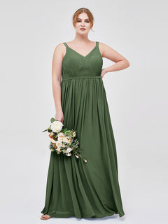 Double Strap Chiffon Bridesmaid Dresses Olive Green Plus Size