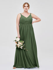 Double Strap Chiffon Bridesmaid Dresses Olive Green