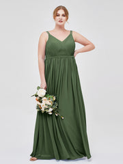 Double Strap Chiffon Bridesmaid Dresses Olive Green Plus Size