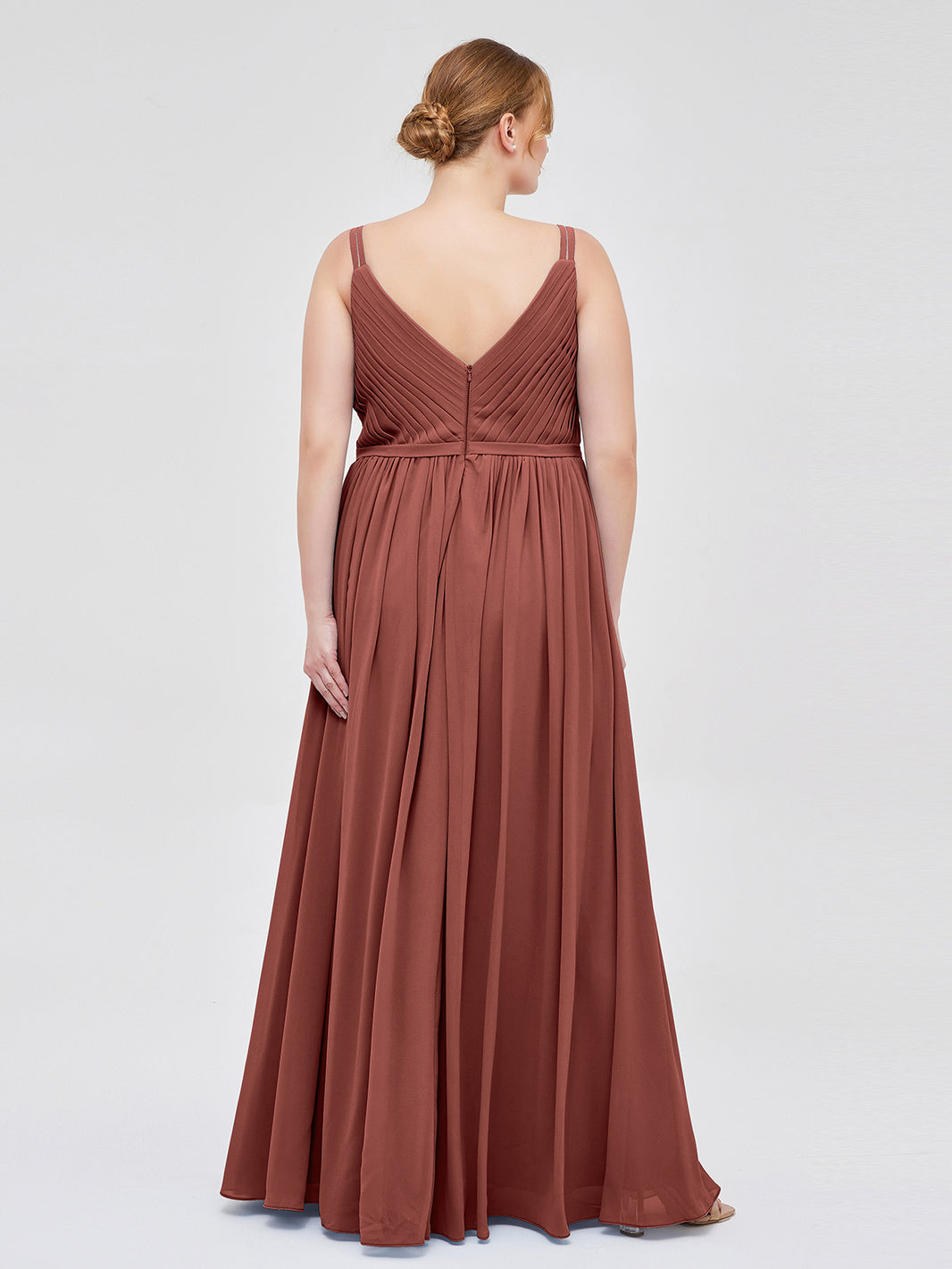 Terracotta Plus Size Chiffon Bridesmaid Dress V-Neck Spaghetti Strap Pleated