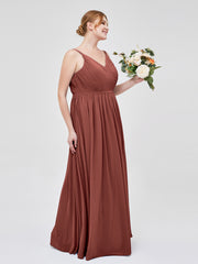 Terracotta Plus Size Chiffon Bridesmaid Dress V-Neck Spaghetti Strap Pleated | BABARONI