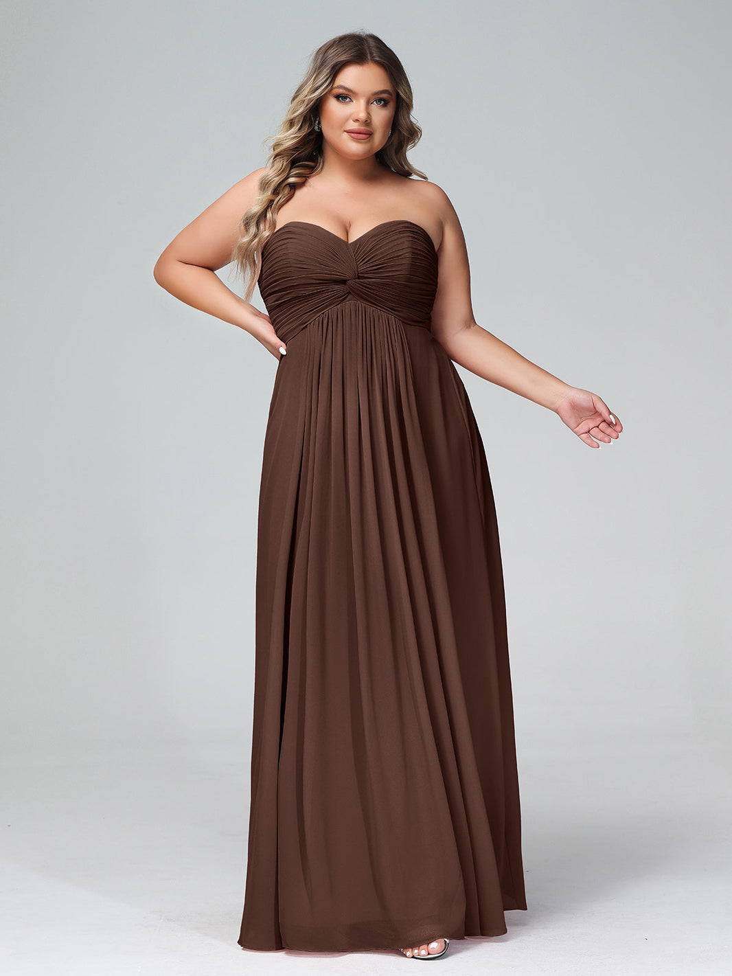 BABARONI Chiffon Chocolate Bridesmaid Dresses Sweetheart Floor-length  Sleeveless Ruched A-line