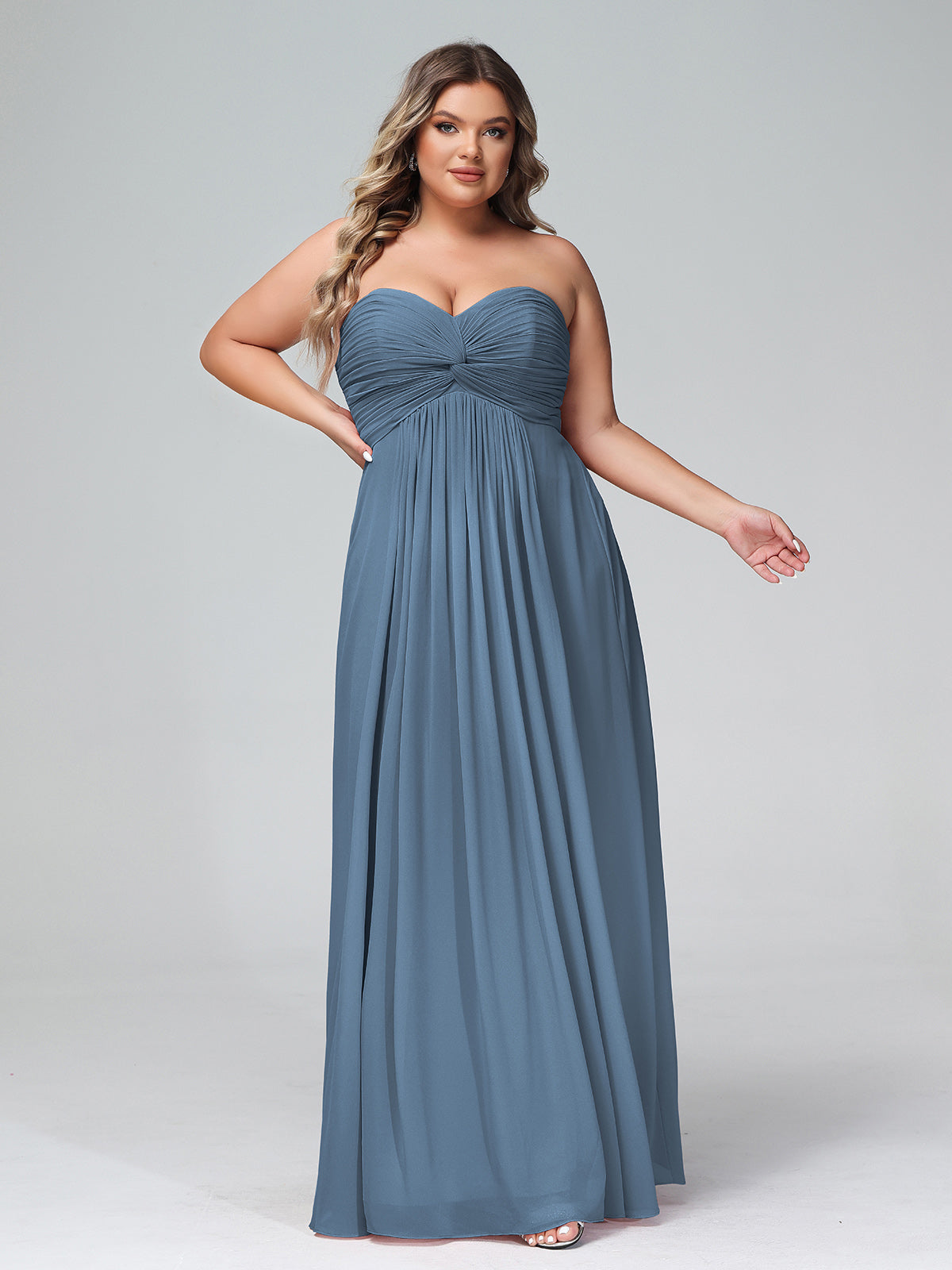 Empire Strapless Chiffon Gown with Sweetheart Neck Slate Blue Plus Size