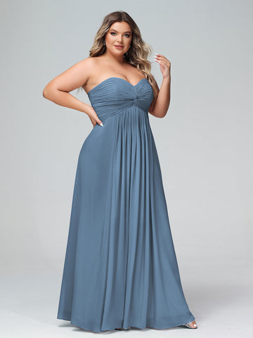 Long Chiffon Strapless Dresses with Sweetheart Slate Blue Plus Size