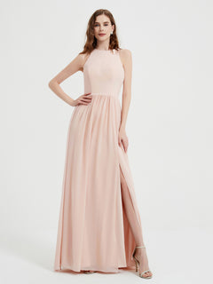 Halter Chiffon Simple Dress with Slit Pearl Pink