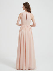 Halter Chiffon Simple Dress with Slit Pearl Pink