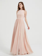 Halter Chiffon Simple Dress with Slit Pearl Pink