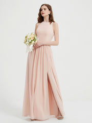 Halter Chiffon Simple Dress with Slit Pearl Pink