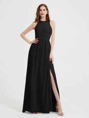 Halter Chiffon Simple Dress with Slit Black