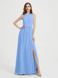 Halter Chiffon Simple Dress with Slit Blue