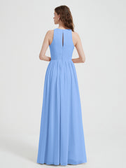 Halter Chiffon Simple Dress with Slit Blue