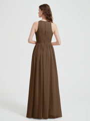 Halter Chiffon Simple Dress with Slit Brown