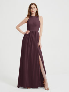 Halter Chiffon Simple Dress with Slit Cabernet Plus Size