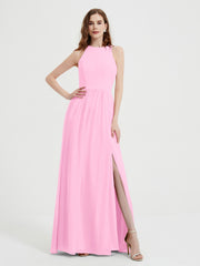 Halter Chiffon Simple Dress with Slit Candy Pink