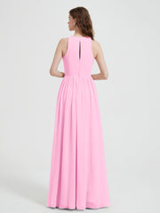 Halter Chiffon Simple Dress with Slit Candy Pink Plus Size