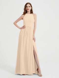Halter Chiffon Simple Dress with Slit Champagne Plus Size