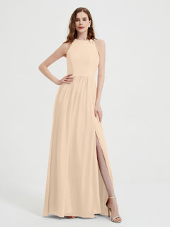 Halter Chiffon Simple Dress with Slit Champagne