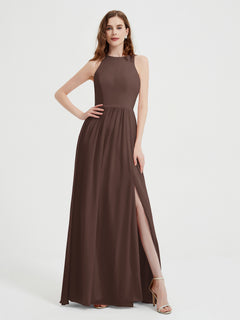 Halter Chiffon Simple Dress with Slit Chocolate