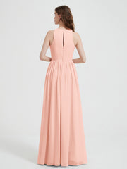 Halter Chiffon Simple Dress with Slit Coral