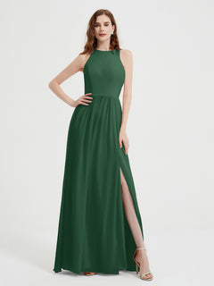 Halter Chiffon Simple Dress with Slit Dark Green