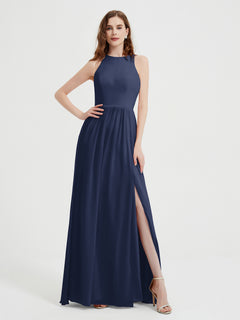 Halter Chiffon Simple Dress with Slit Dark Navy Plus Size