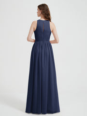 Halter Chiffon Simple Dress with Slit Dark Navy