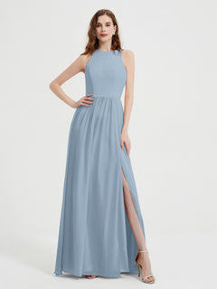 Halter Chiffon Simple Dress with Slit Dusty Blue