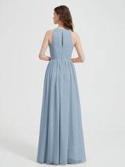Halter Chiffon Simple Dress with Slit Dusty Blue