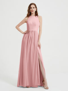 Halter Chiffon Simple Dress with Slit Dusty Rose Plus Size