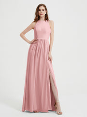 Halter Chiffon Simple Dress with Slit Dusty Rose