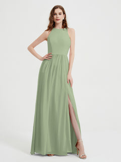 Halter Chiffon Simple Dress with Slit Dusty Sage