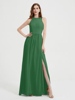 Halter Chiffon Simple Dress with Slit Emerald