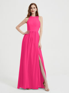 Halter Chiffon Simple Dress with Slit Fuchsia Plus Size