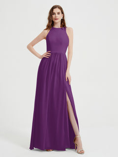 Halter Chiffon Simple Dress with Slit Grape