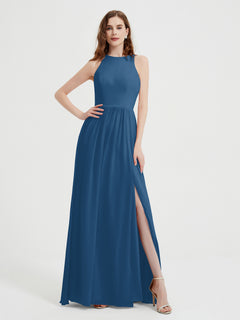 Halter Chiffon Simple Dress with Slit Ink Blue