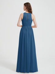 Halter Chiffon Simple Dress with Slit Ink Blue