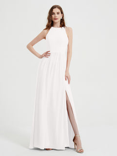 Halter Chiffon Simple Dress with Slit Ivory