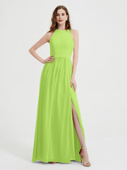Halter Chiffon Simple Dress with Slit Lime Green