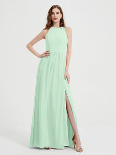 Halter Chiffon Simple Dress with Slit Mint Green Plus Size