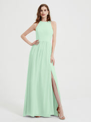 Halter Chiffon Simple Dress with Slit Mint Green Plus Size