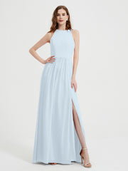 Halter Chiffon Simple Dress with Slit Mist
