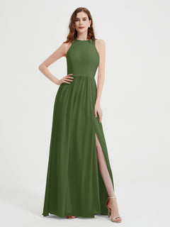 Halter Chiffon Simple Dress with Slit Moss
