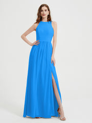 Halter Chiffon Simple Dress with Slit Ocean Blue
