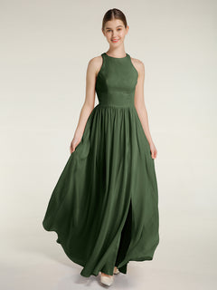 Halter Chiffon Simple Dress with Slit Olive Green