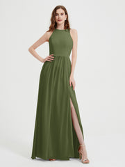 Halter Chiffon Simple Dress with Slit Olive Green