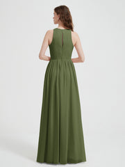 Halter Chiffon Simple Dress with Slit Olive Green
